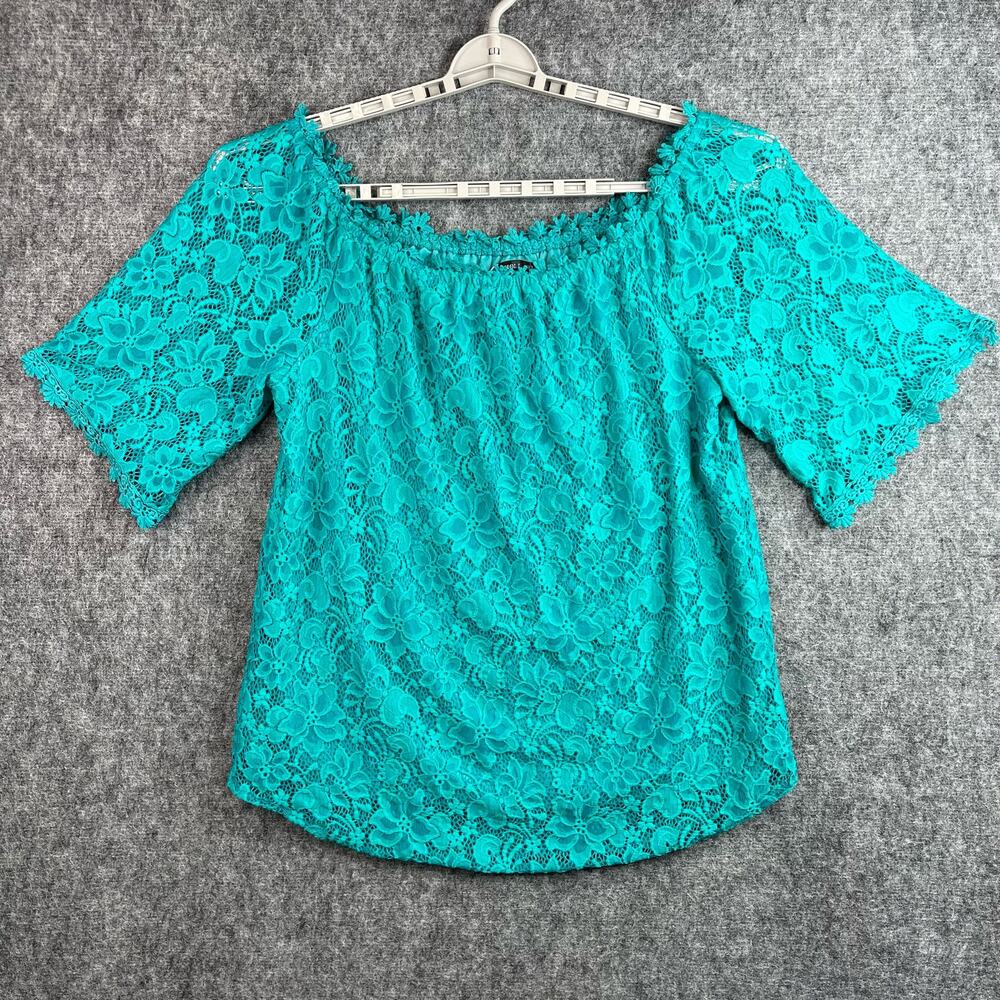 Miholl Womens Blouse Size XXL Blue Green‎ Lace Off Shoulder Short Sleeves